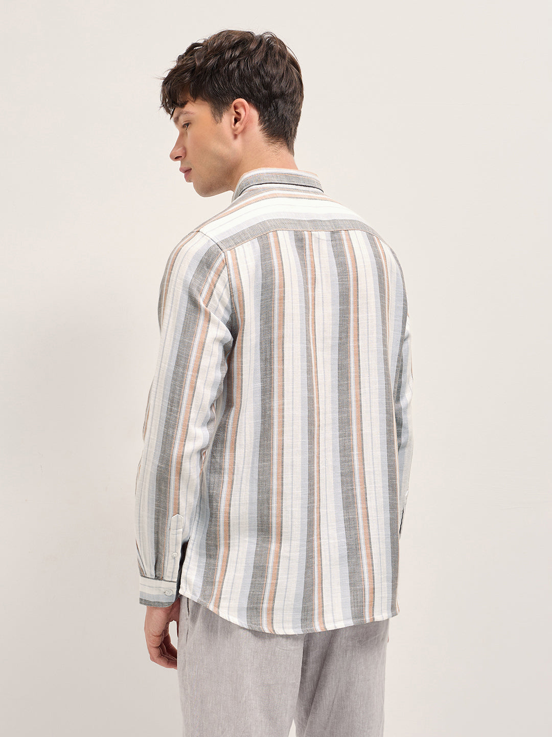 Men Multicolor Herringbone Stripe Slim Fit Cotton Casual Shirt