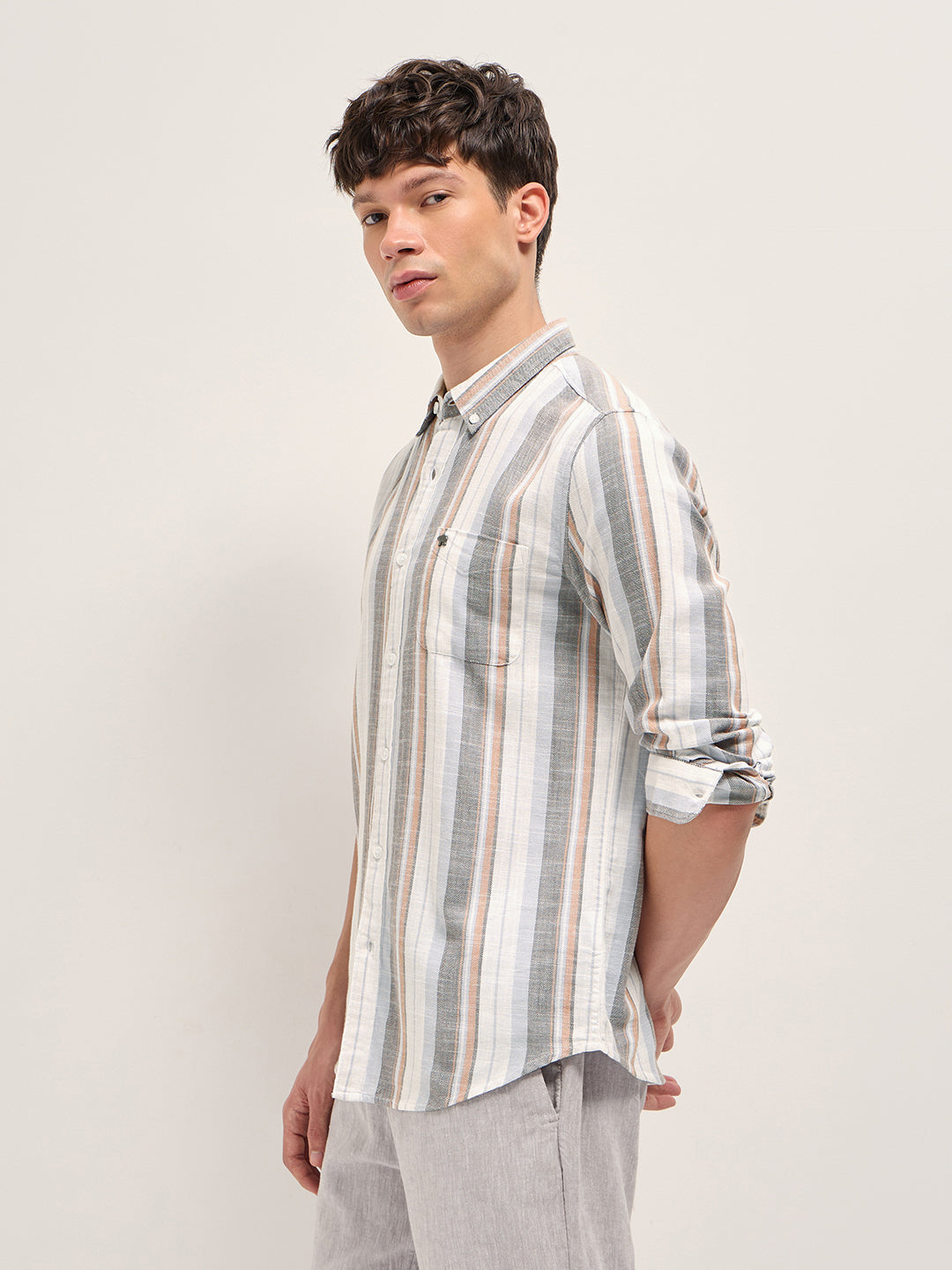 Men Multicolor Herringbone Stripe Slim Fit Cotton Casual Shirt