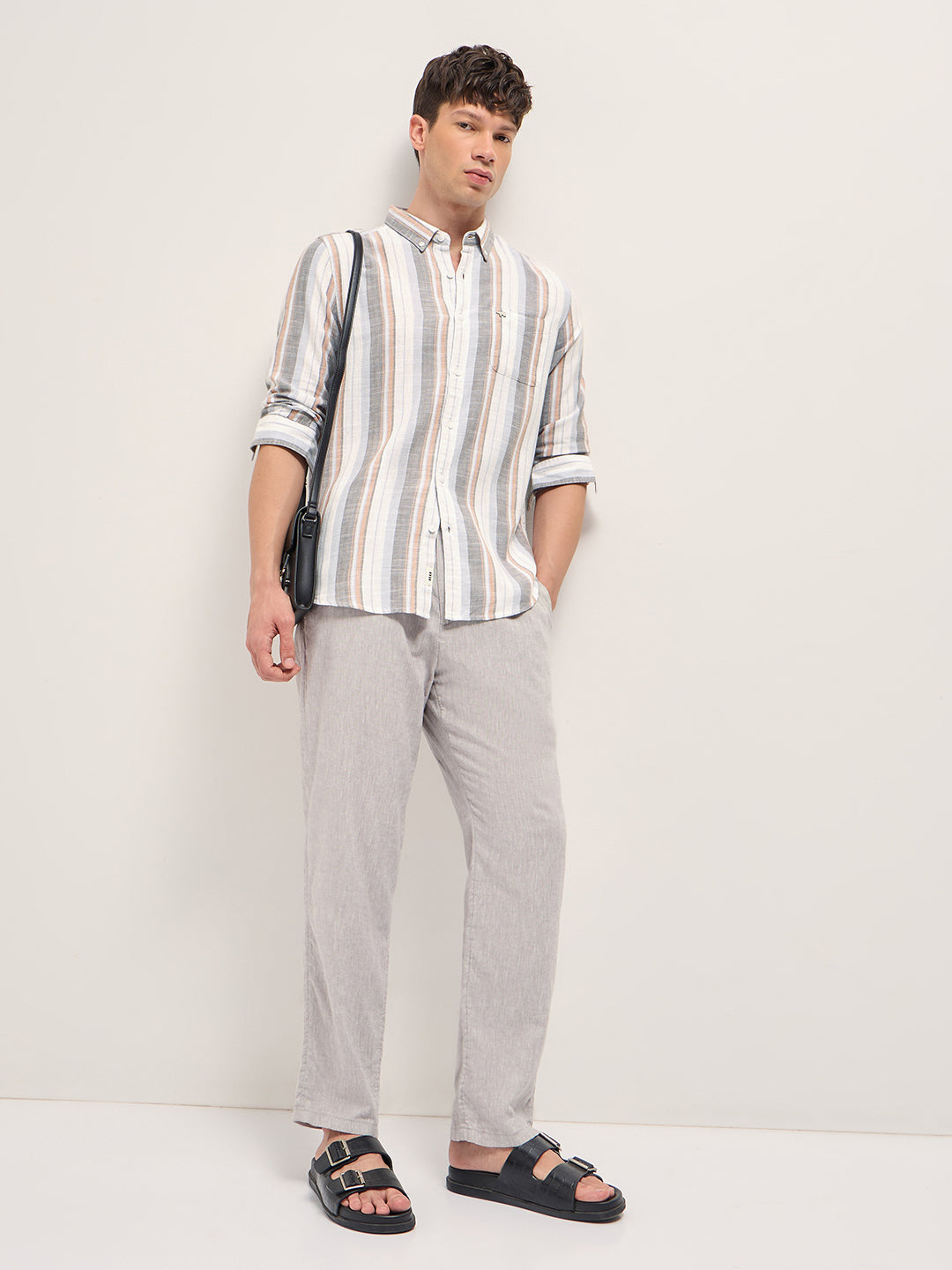 Men Multicolor Herringbone Stripe Slim Fit Cotton Casual Shirt