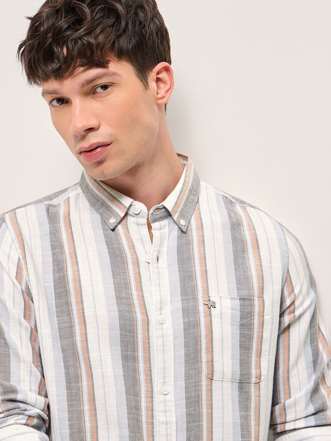 Men Multicolor Herringbone Stripe Slim Fit Cotton Casual Shirt