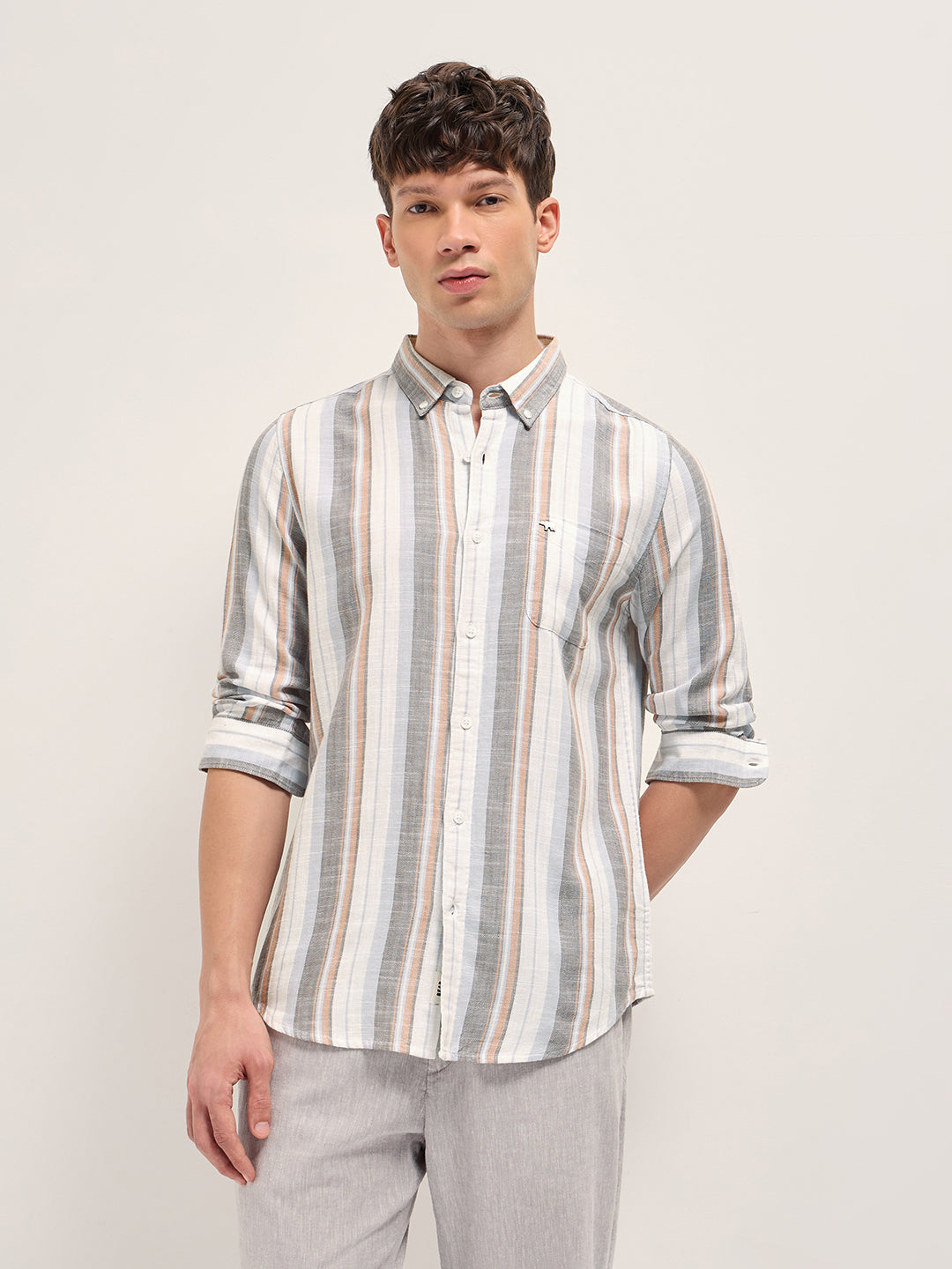 Men Multicolor Herringbone Stripe Slim Fit Cotton Casual Shirt