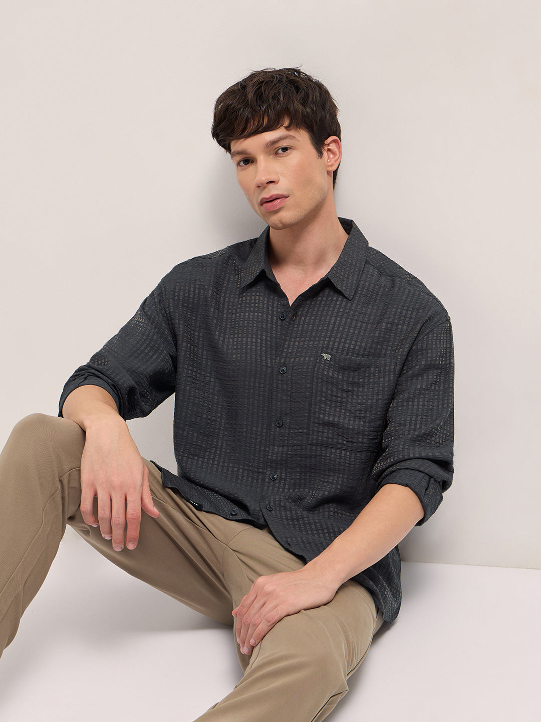 Men Purple Crinkled Stripe Textured Relaxed Fit Long Sleeve Shirt