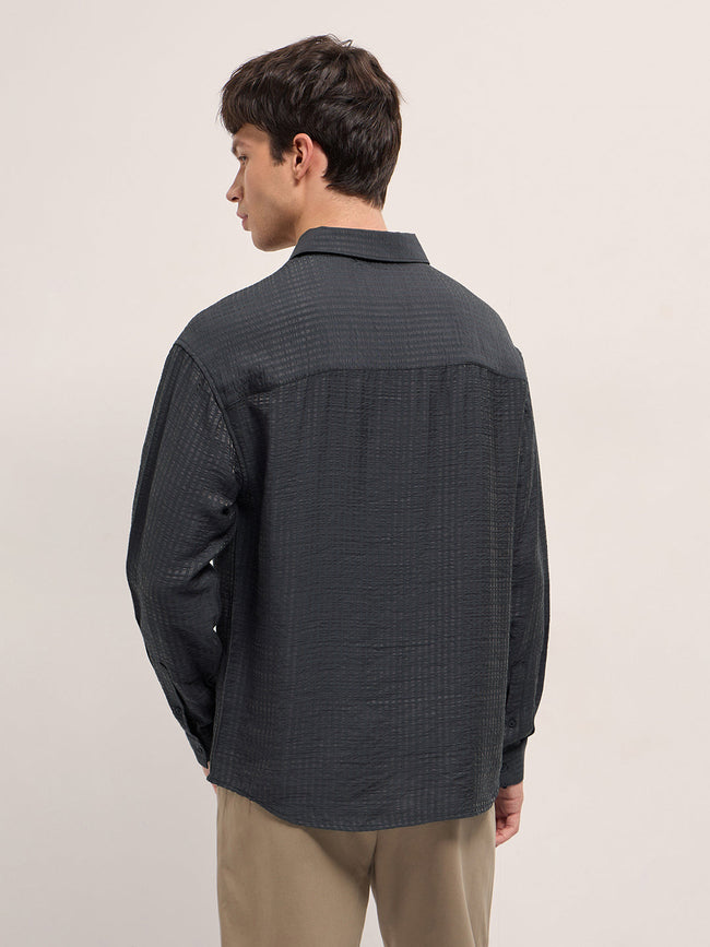 Men Purple Crinkled Stripe Textured Relaxed Fit Long Sleeve Shirt