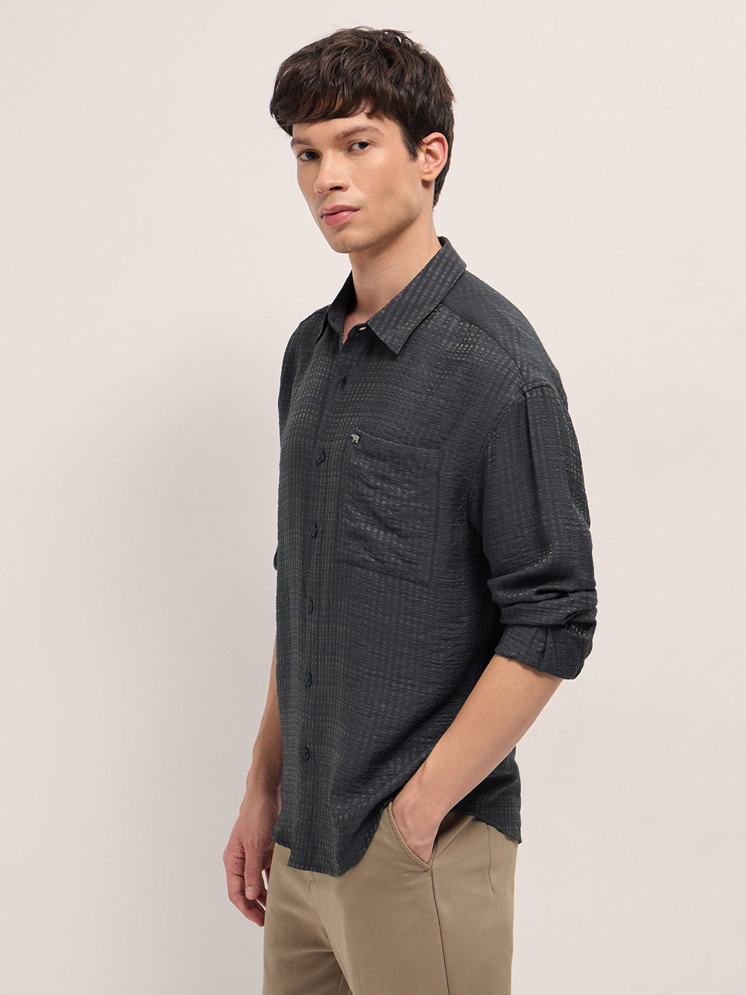 Men Purple Crinkled Stripe Textured Relaxed Fit Long Sleeve Shirt