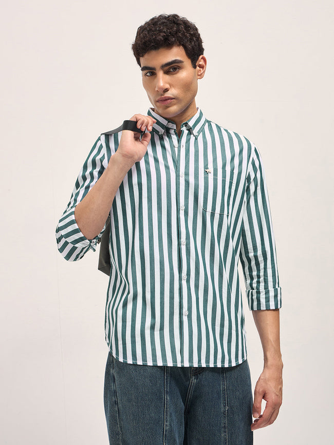 Men Green & White Striped Slim Fit Cotton Casual Shirt