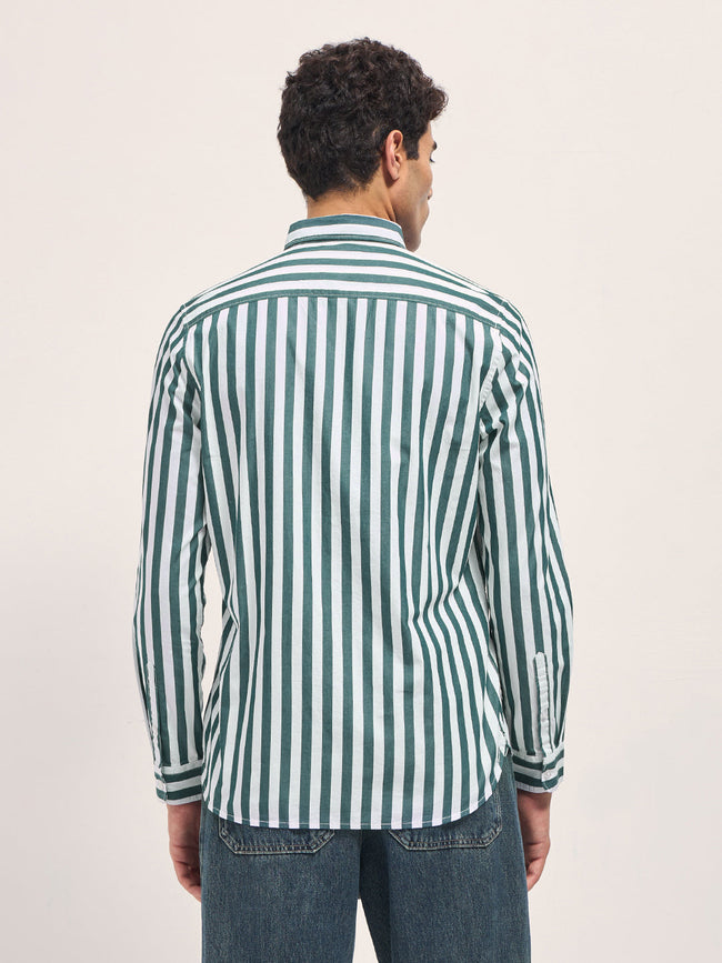Men Green & White Striped Slim Fit Cotton Casual Shirt