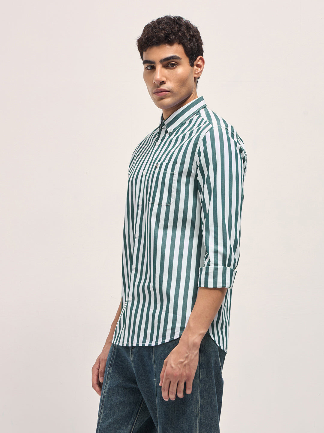 Men Green & White Striped Slim Fit Cotton Casual Shirt