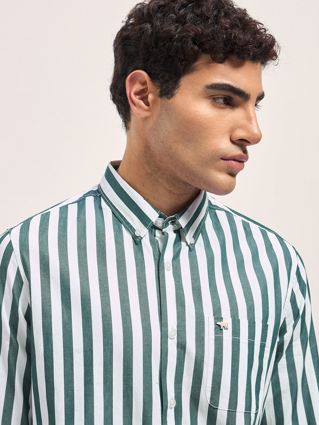 Men Green & White Striped Slim Fit Cotton Casual Shirt
