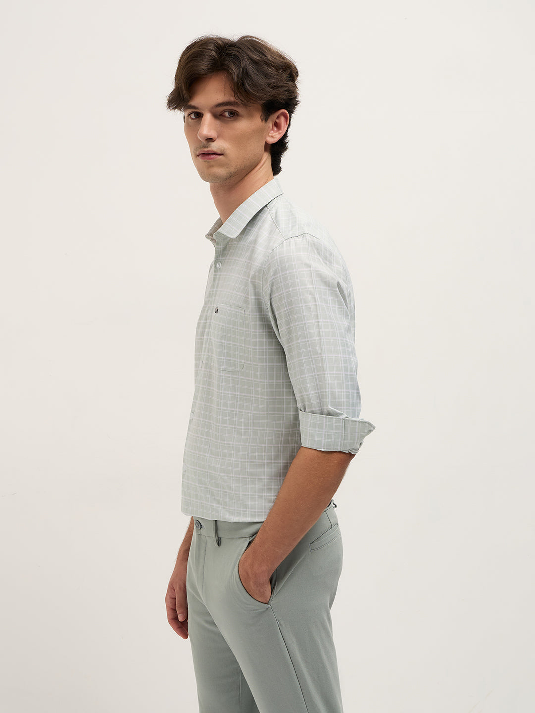 Men Light Green Checked Tailored Fit Formal Shirt.