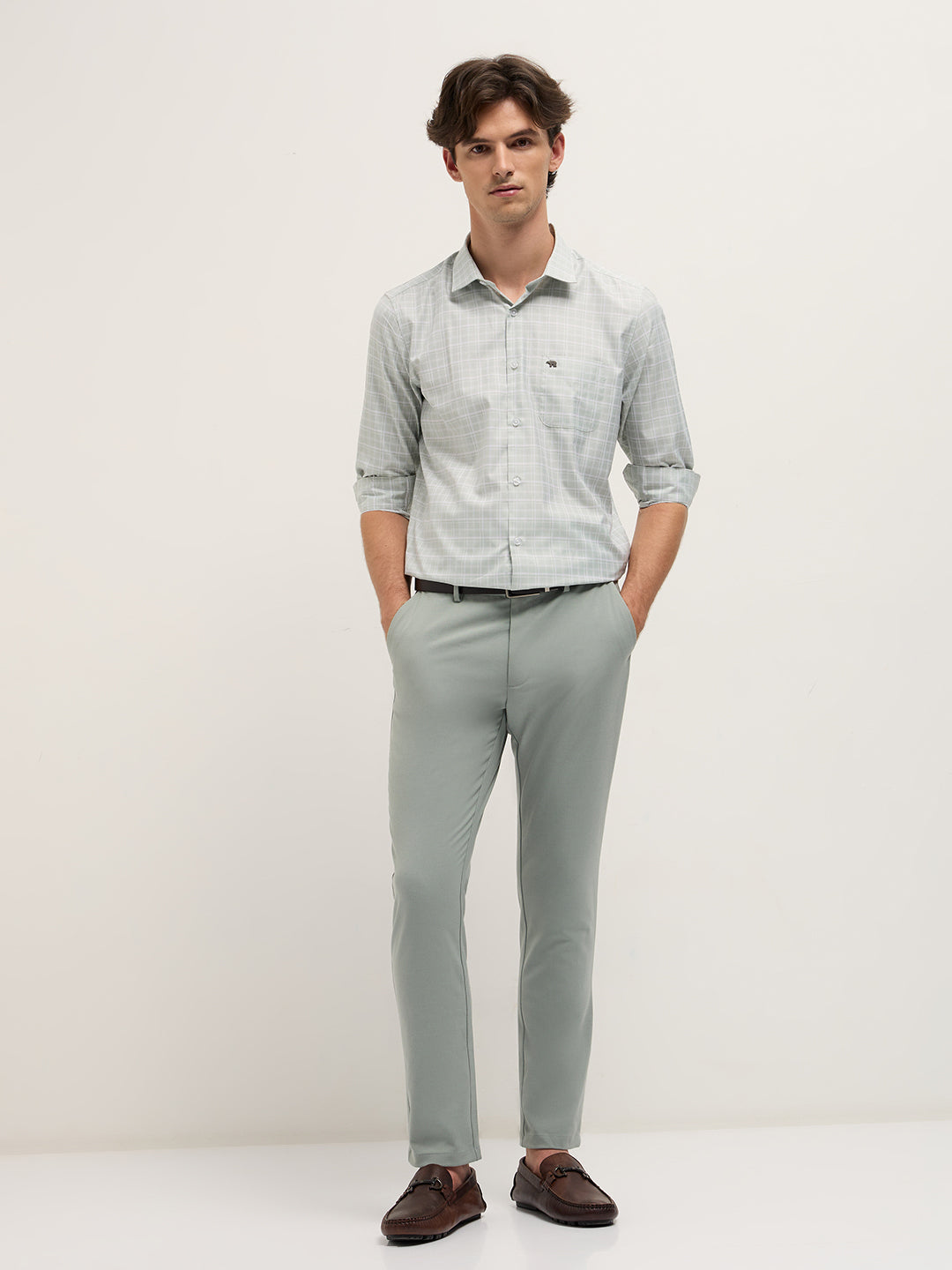 Men Light Green Checked Tailored Fit Formal Shirt.