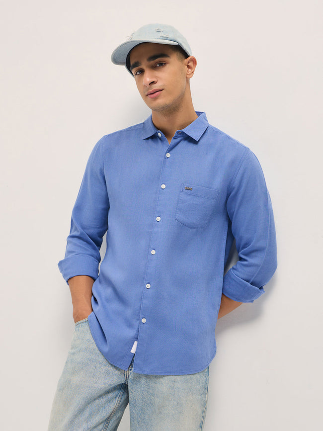 Men Blue Solid Lyocell Slim Fit Casual Shirt