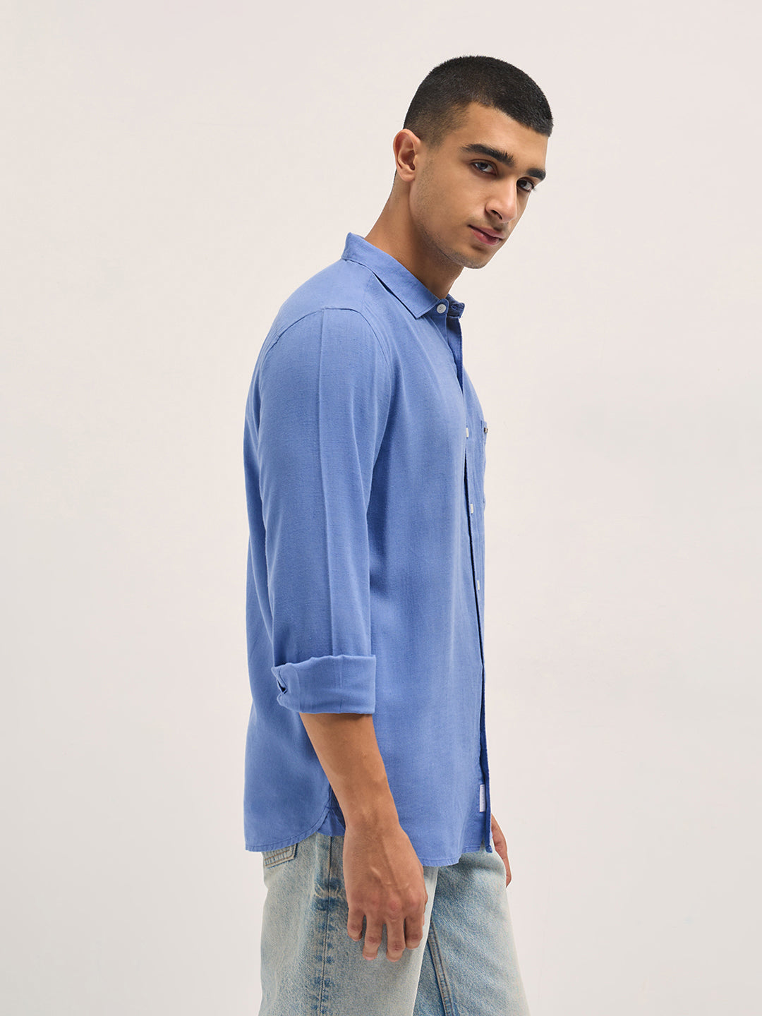 Men Blue Solid Lyocell Slim Fit Casual Shirt