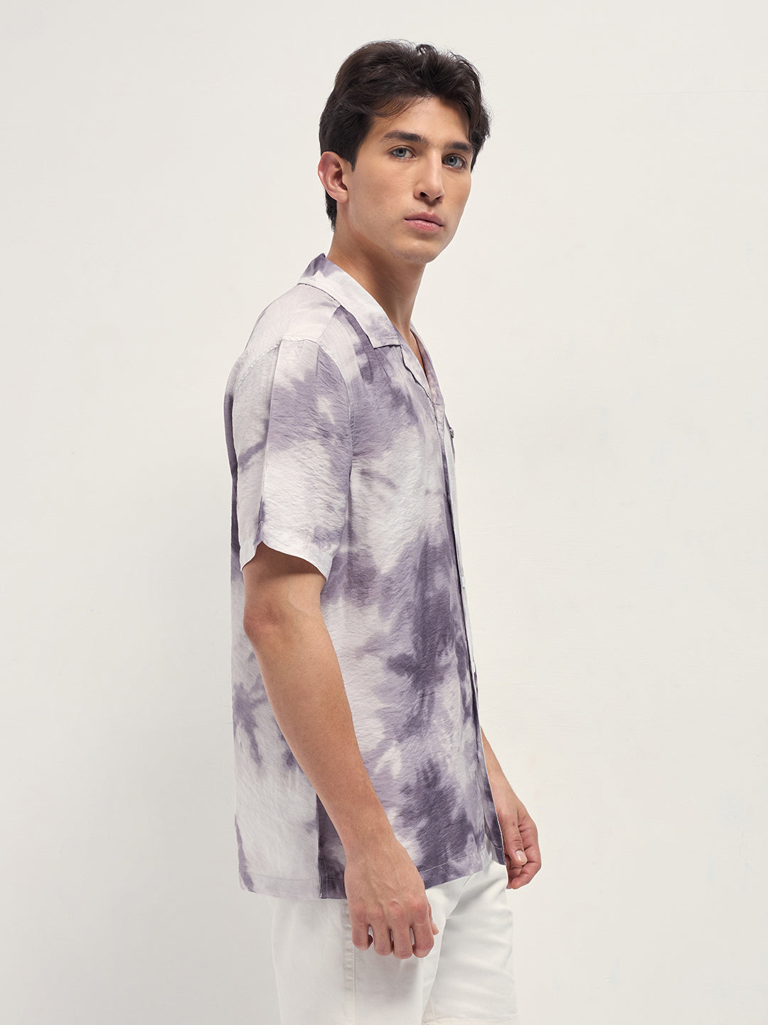 Men Purple Faded Abstract Print Relaxed Fit Cuban Collar Shirt