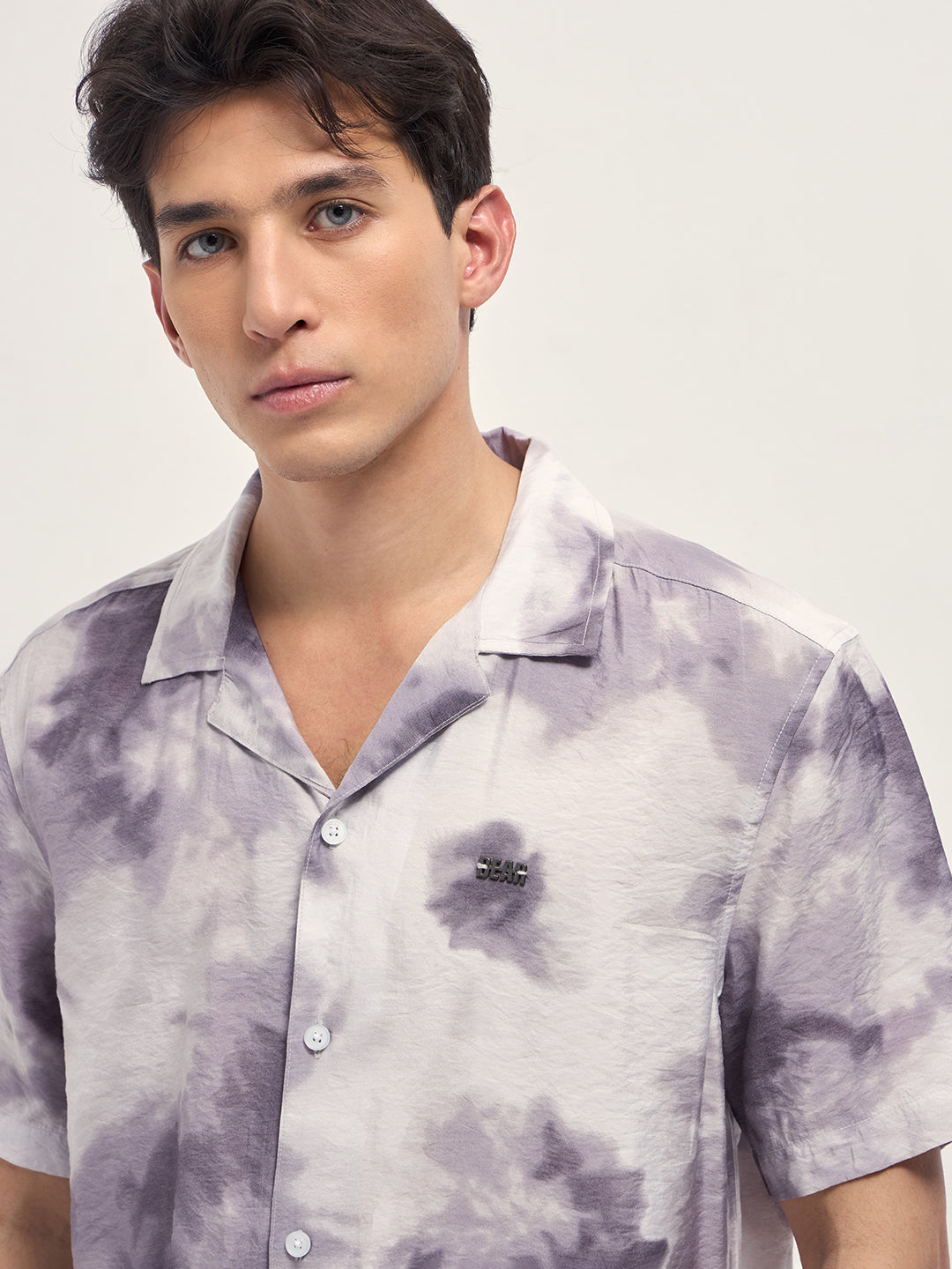 Men Purple Faded Abstract Print Relaxed Fit Cuban Collar Shirt