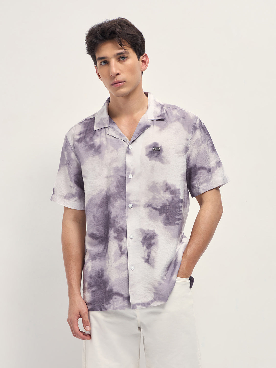 Men Purple Faded Abstract Print Relaxed Fit Cuban Collar Shirt