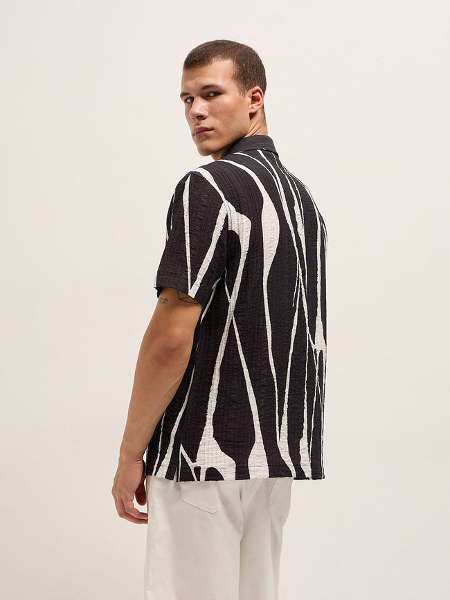 Men Black Viscose Bold Abstract print Relaxed Fit Cuban Collar Shirt