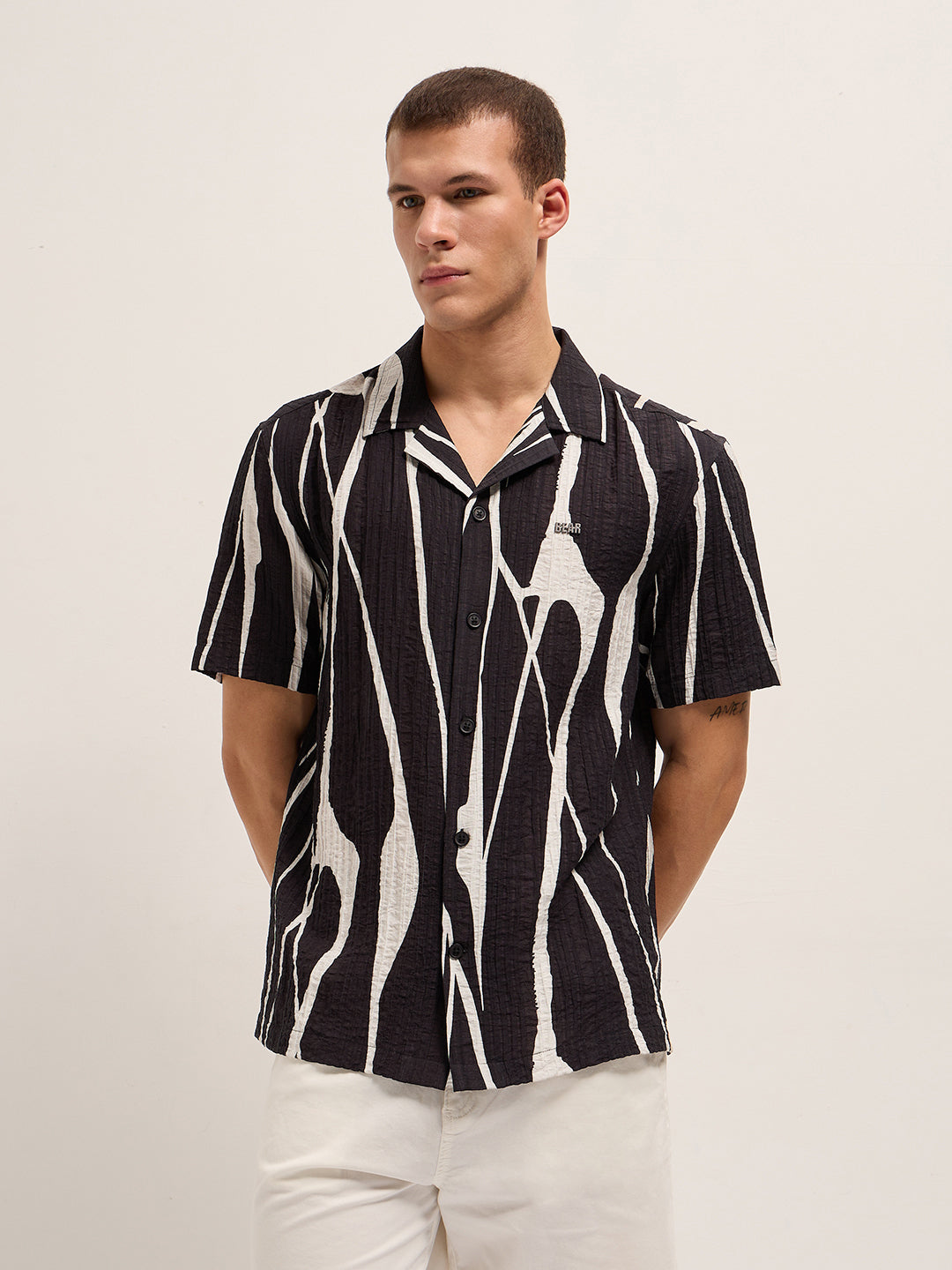 Men Black Viscose Bold Abstract print Relaxed Fit Cuban Collar Shirt
