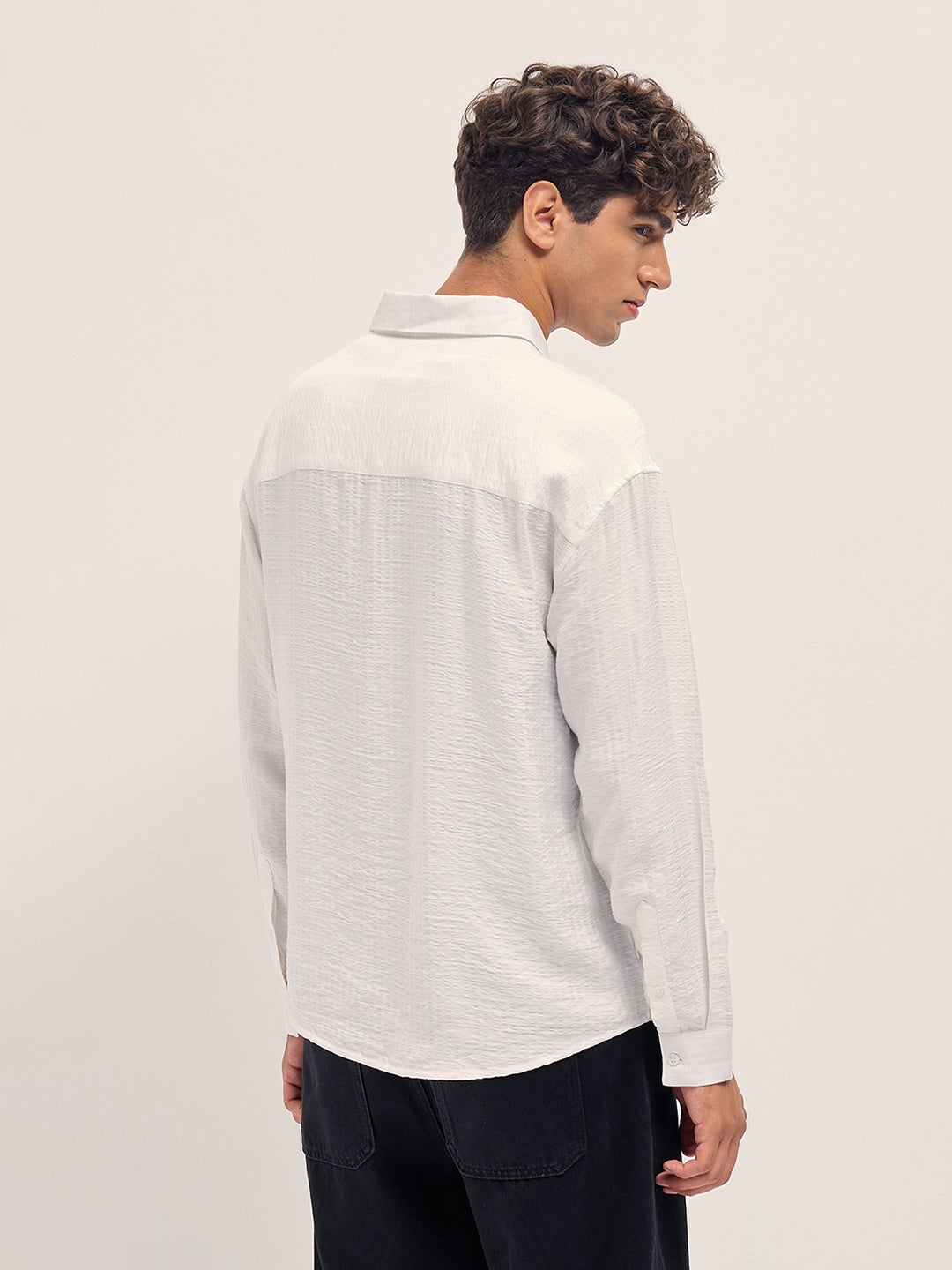 Men White Crinkled Stripe Textured Relaxed Fit Long Sleeve Shirt