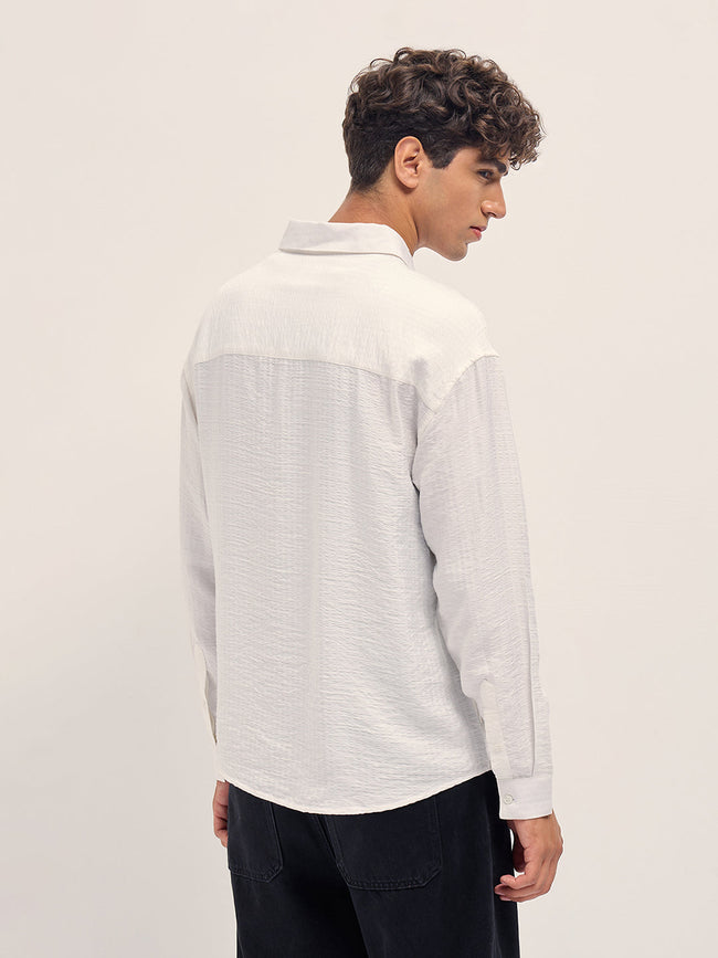 Men White Crinkled Stripe Textured Relaxed Fit Long Sleeve Shirt