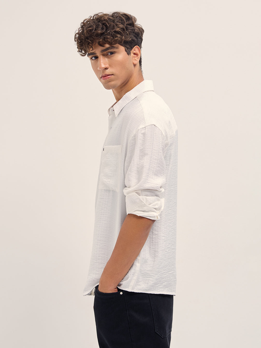 Men White Crinkled Stripe Textured Relaxed Fit Long Sleeve Shirt