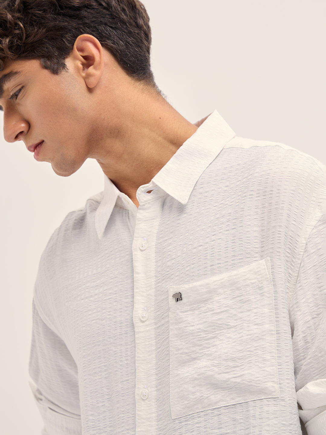Men White Crinkled Stripe Textured Relaxed Fit Long Sleeve Shirt