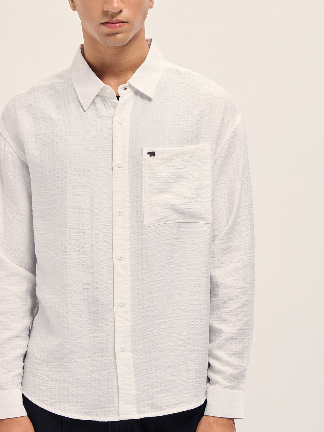 Men White Crinkled Stripe Textured Relaxed Fit Long Sleeve Shirt
