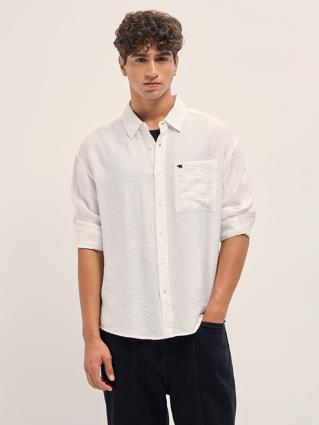 Men White Crinkled Stripe Textured Relaxed Fit Long Sleeve Shirt