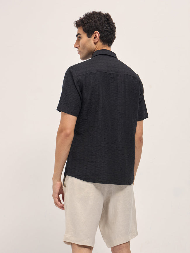 Men Black Crinkled Textured Regular Fit Half-Sleeve Casual Shirt