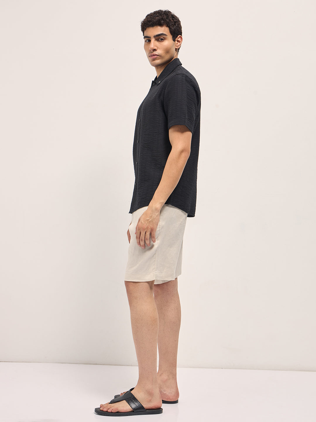 Men Black Crinkled Textured Regular Fit Half-Sleeve Casual Shirt