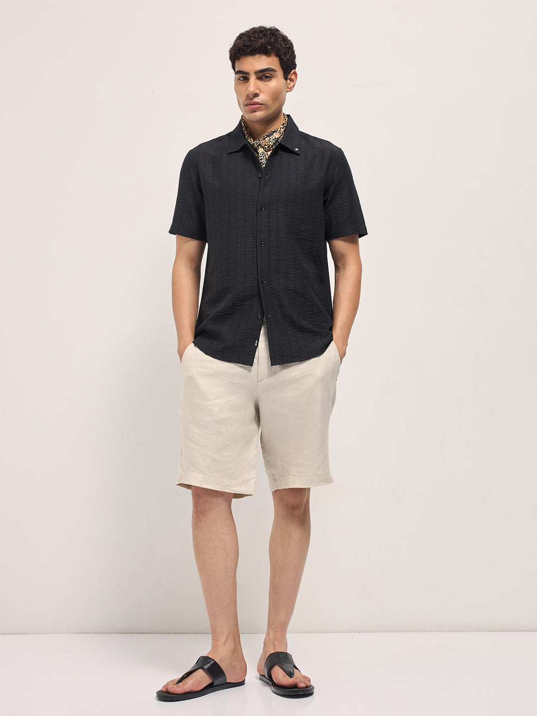 Men Black Crinkled Textured Regular Fit Half-Sleeve Casual Shirt