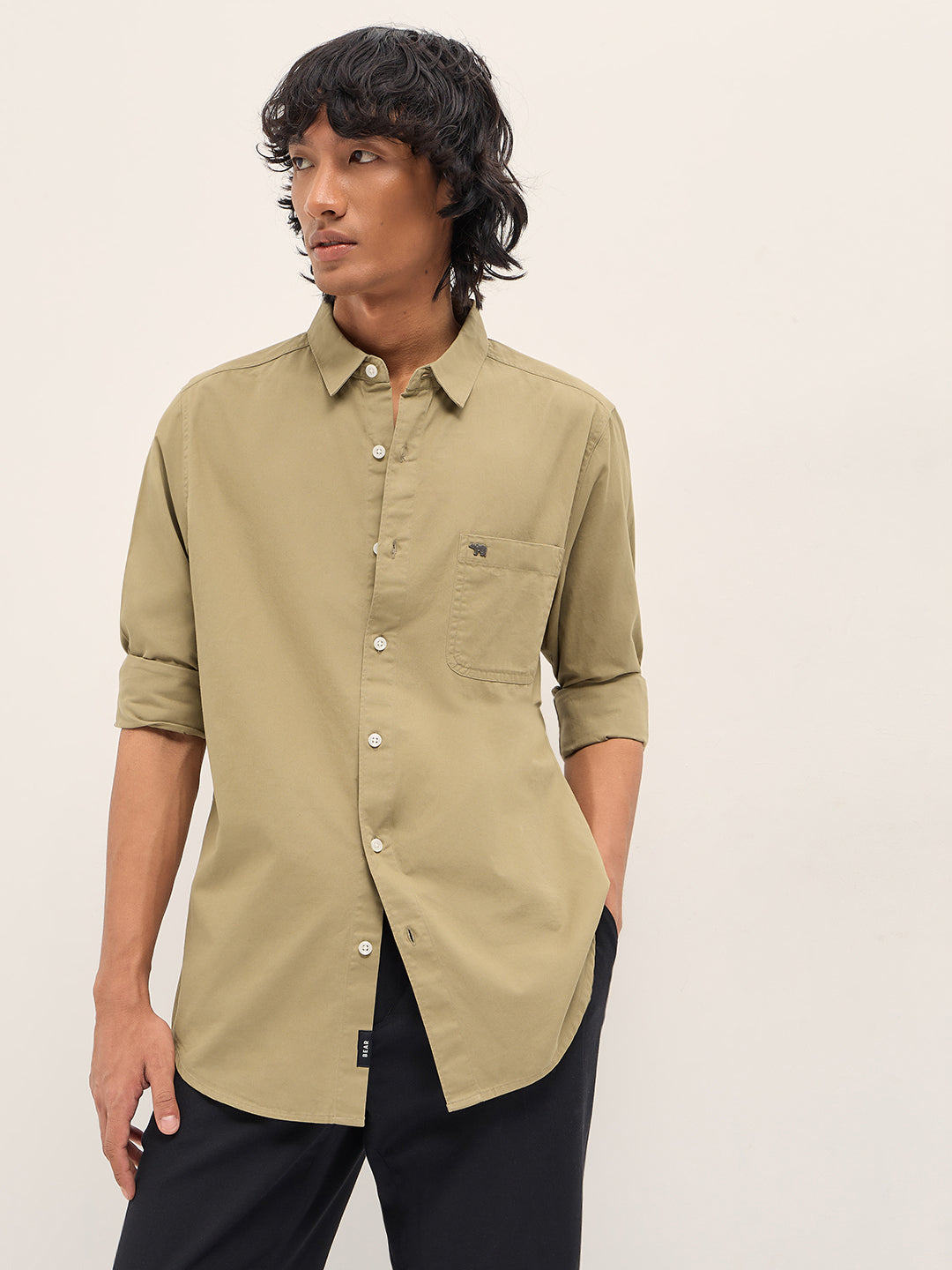 Men Khaki Slim Fit Solid Cotton Casual Shirt