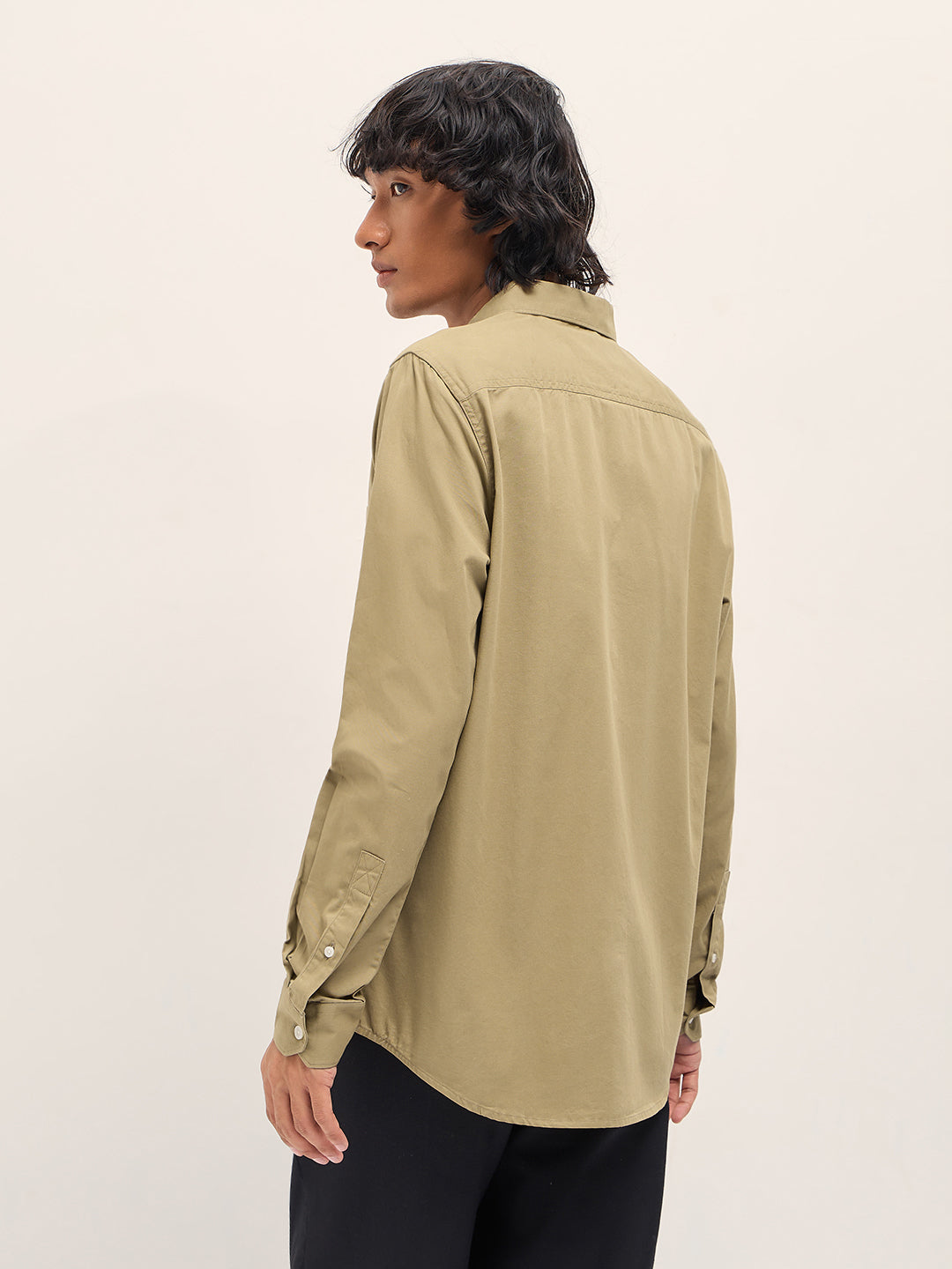 Men Khaki Slim Fit Solid Cotton Casual Shirt