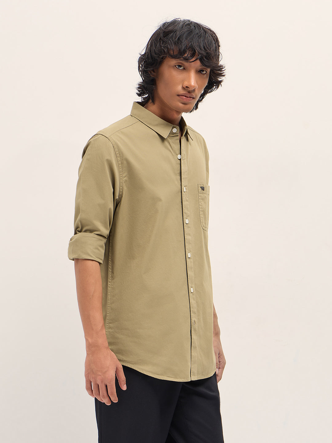 Men Khaki Slim Fit Solid Cotton Casual Shirt