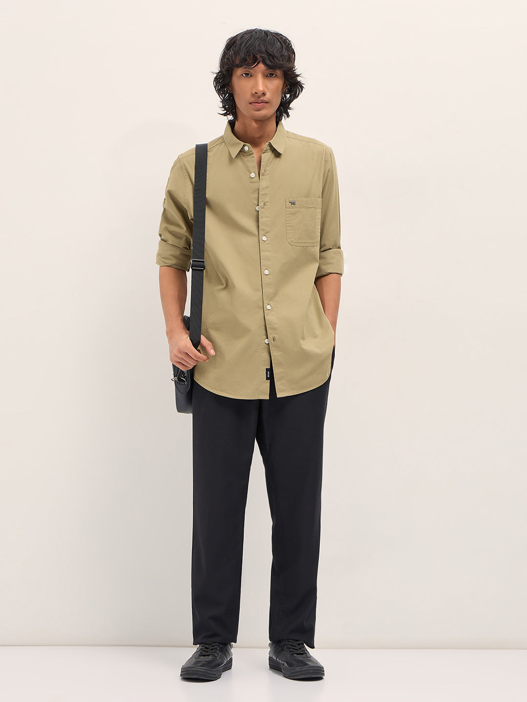 Men Khaki Slim Fit Solid Cotton Casual Shirt