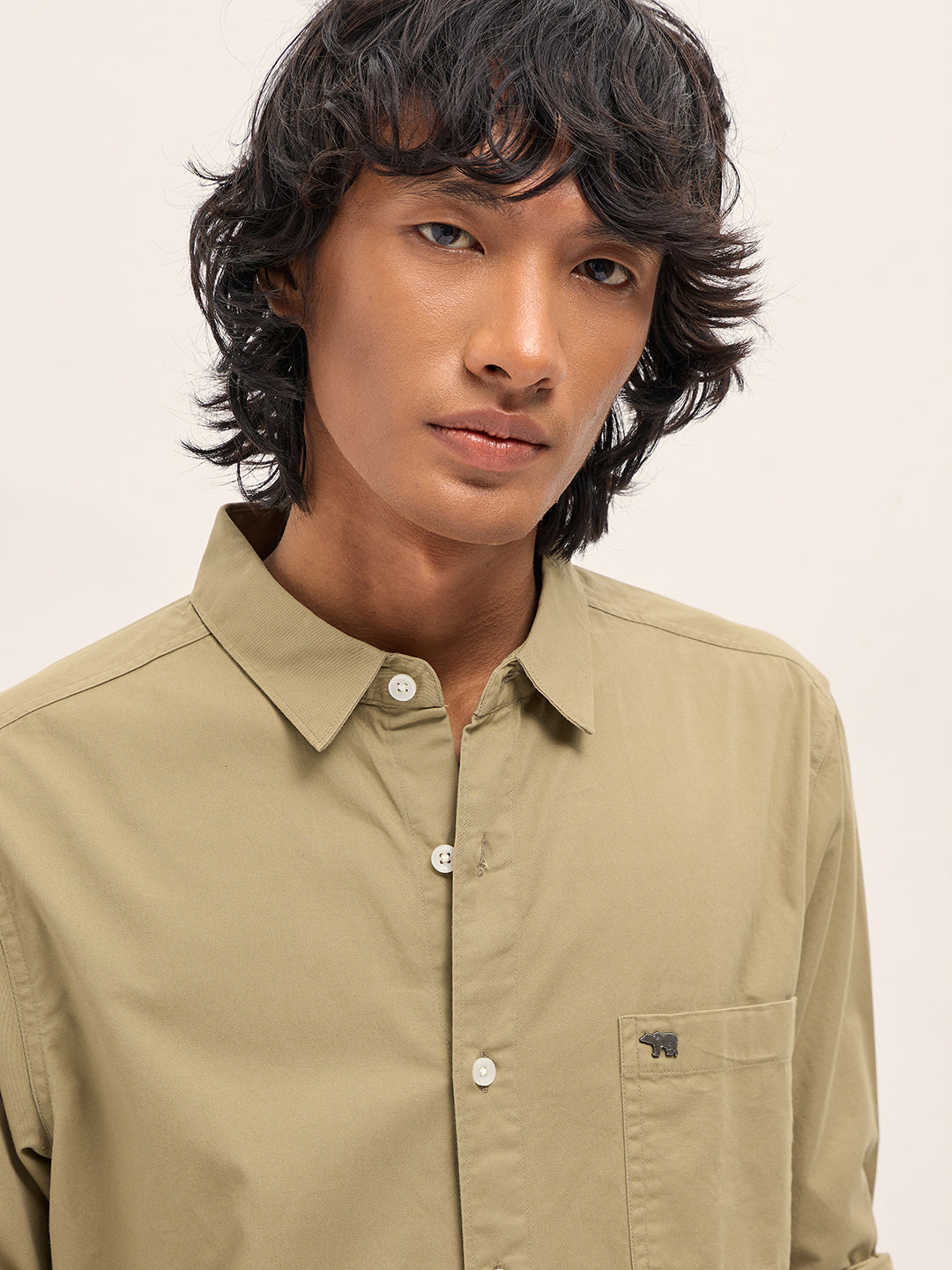 Men Khaki Slim Fit Solid Cotton Casual Shirt