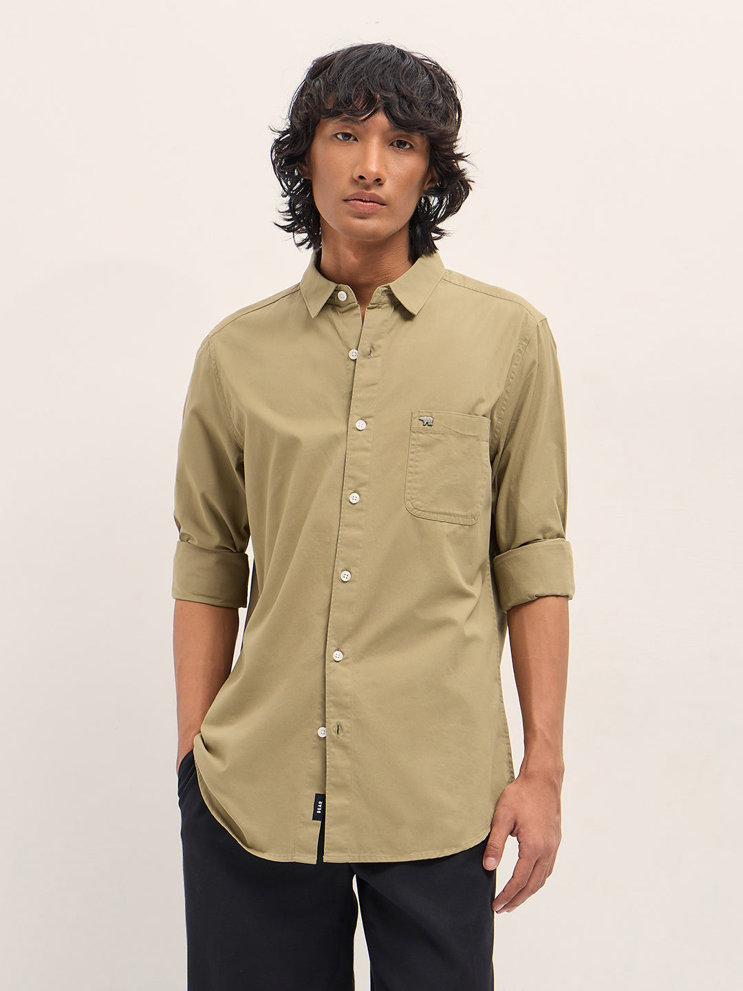 Men Khaki Slim Fit Solid Cotton Casual Shirt