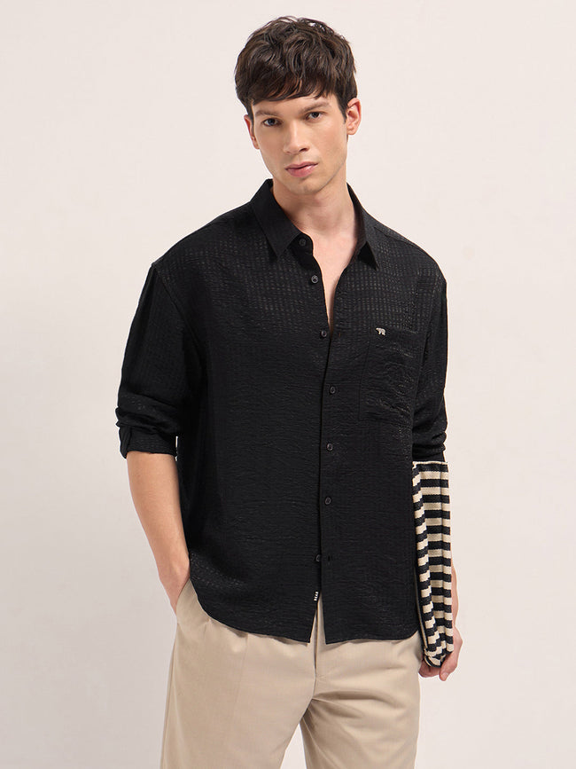 Men Black Crinkled Stripe Textured Relaxed Fit Long Sleeve Shirt