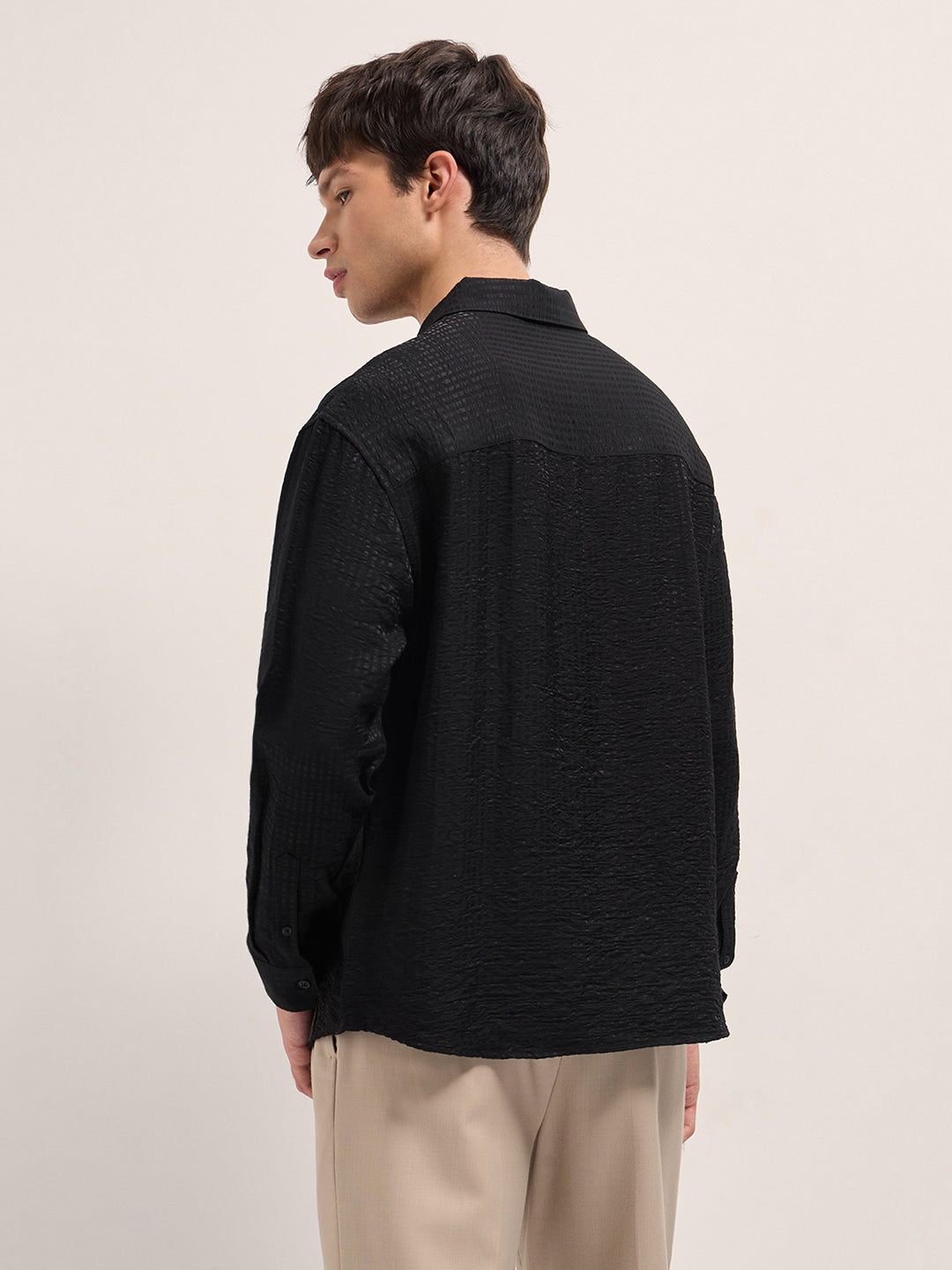 Men Black Crinkled Stripe Textured Relaxed Fit Long Sleeve Shirt