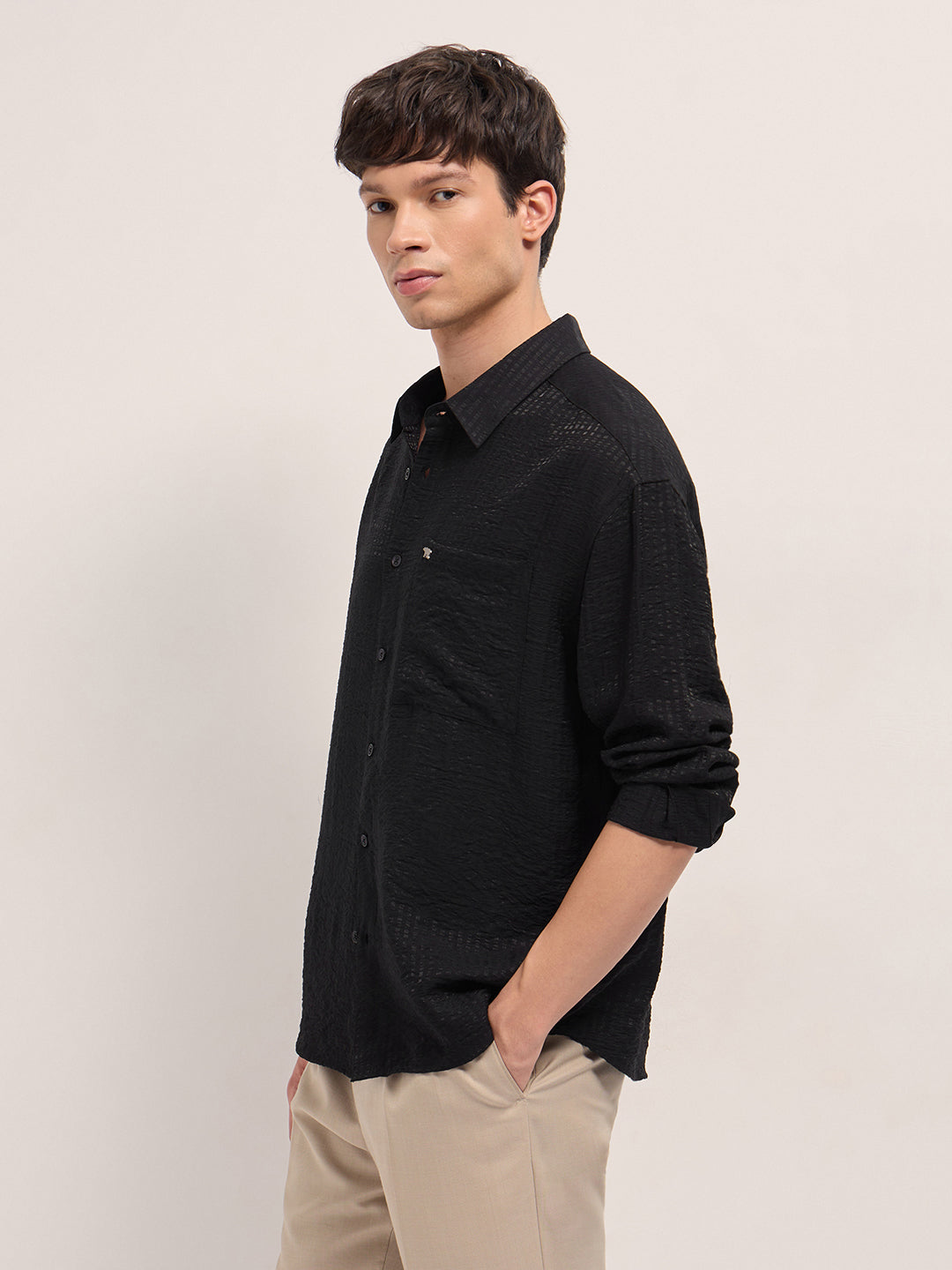 Men Black Crinkled Stripe Textured Relaxed Fit Long Sleeve Shirt
