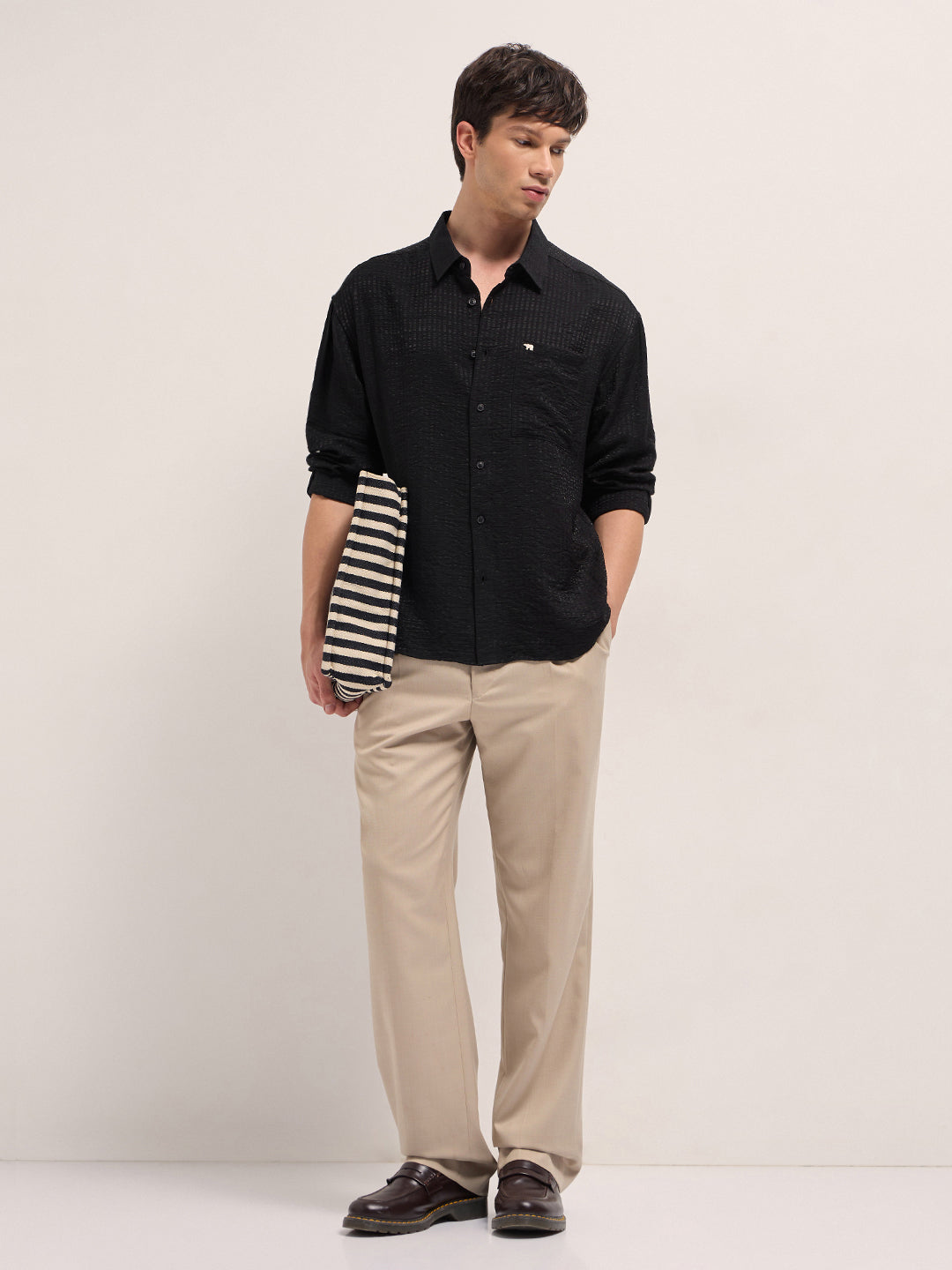 Men Black Crinkled Stripe Textured Relaxed Fit Long Sleeve Shirt