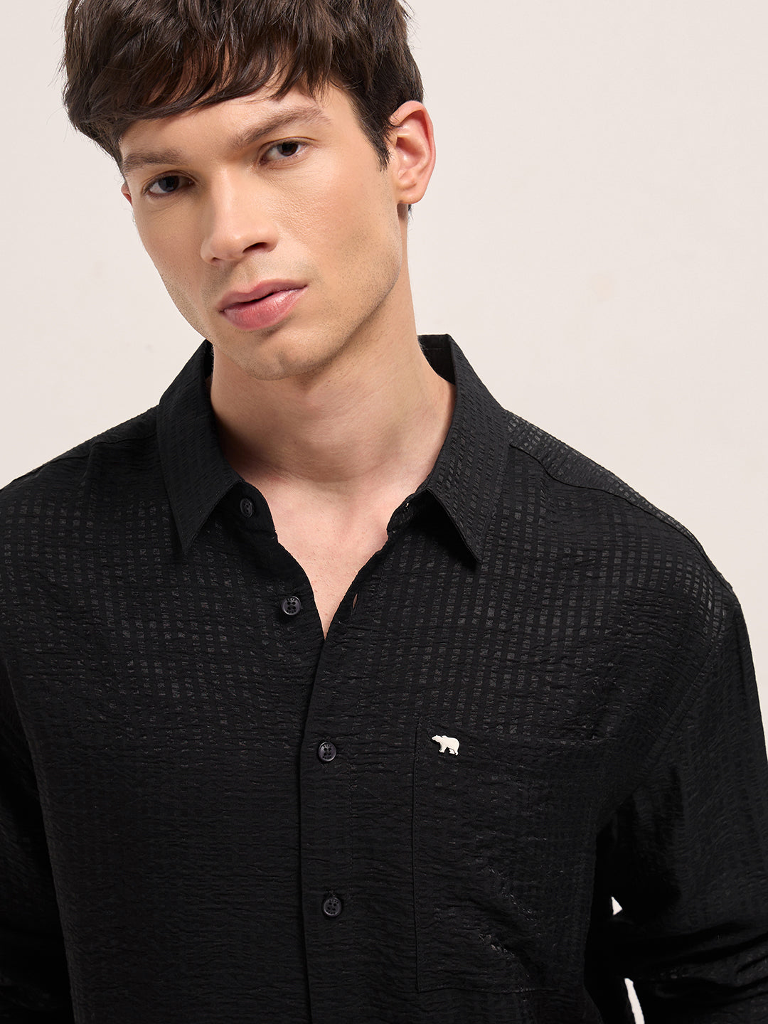 Men Black Crinkled Stripe Textured Relaxed Fit Long Sleeve Shirt