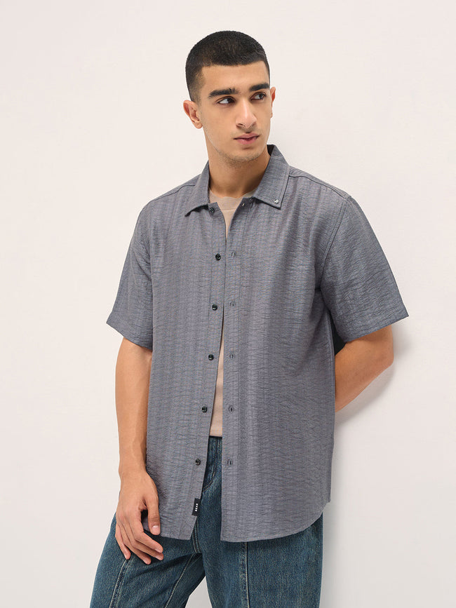 Men Grey Crinkled Textured Regular Fit Half-Sleeve Casual Shirt