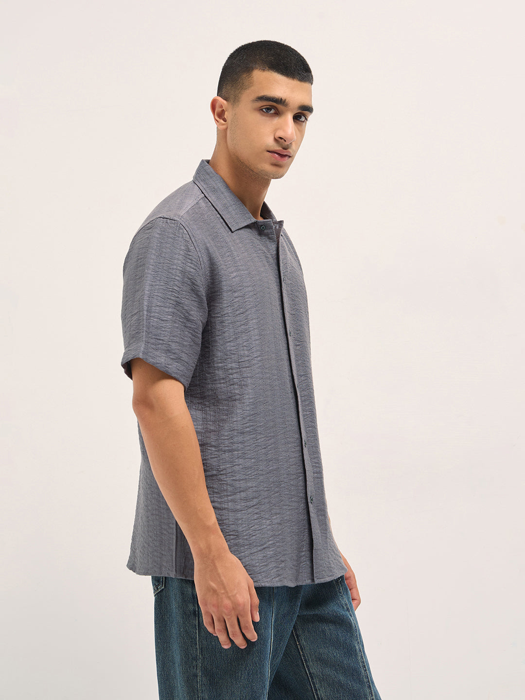 Men Grey Crinkled Textured Regular Fit Half-Sleeve Casual Shirt