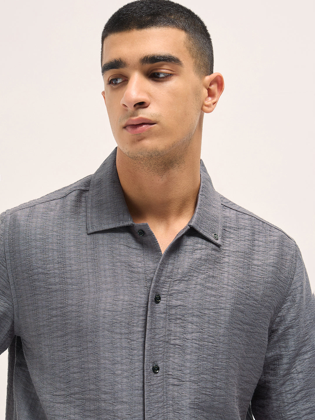 Men Grey Crinkled Textured Regular Fit Half-Sleeve Casual Shirt