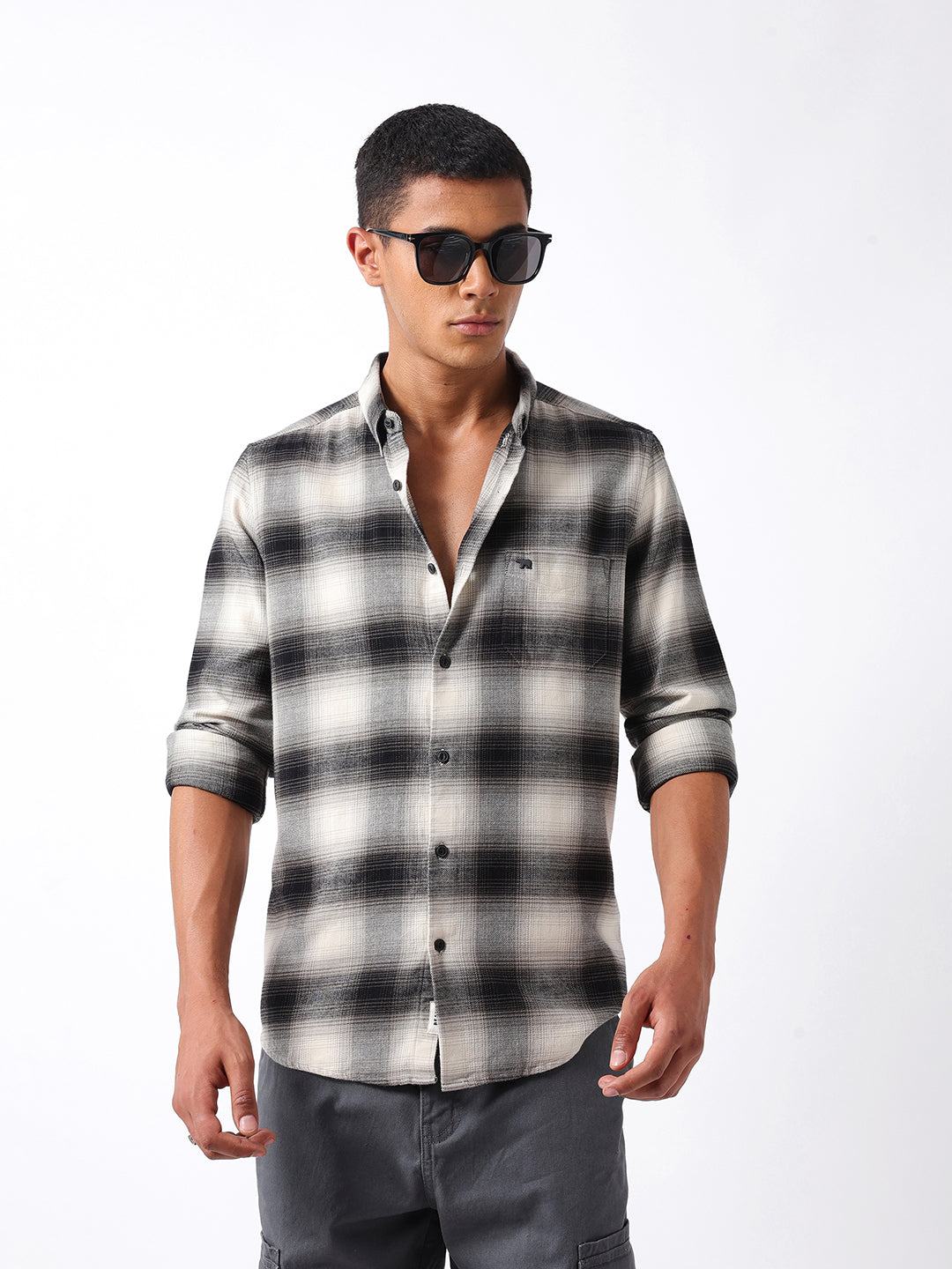Men Grey Cotton Flannel Shirt