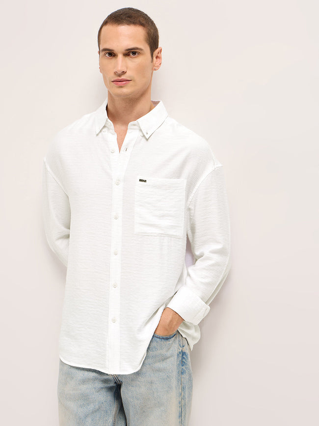 Men White Viscose Herringbone Design Relax Fit Casual shirt