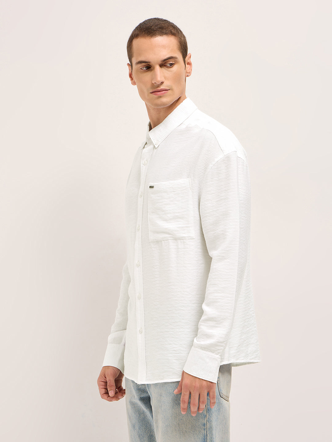 Men White Viscose Herringbone Design Relax Fit Casual shirt