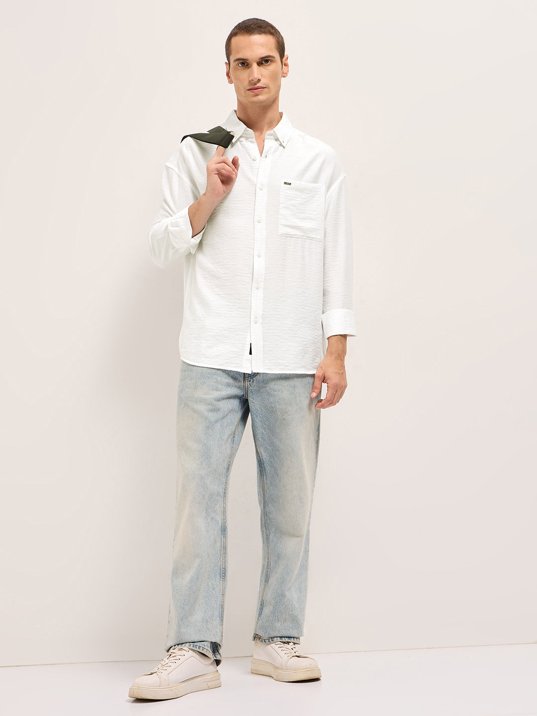 Men White Viscose Herringbone Design Relax Fit Casual shirt