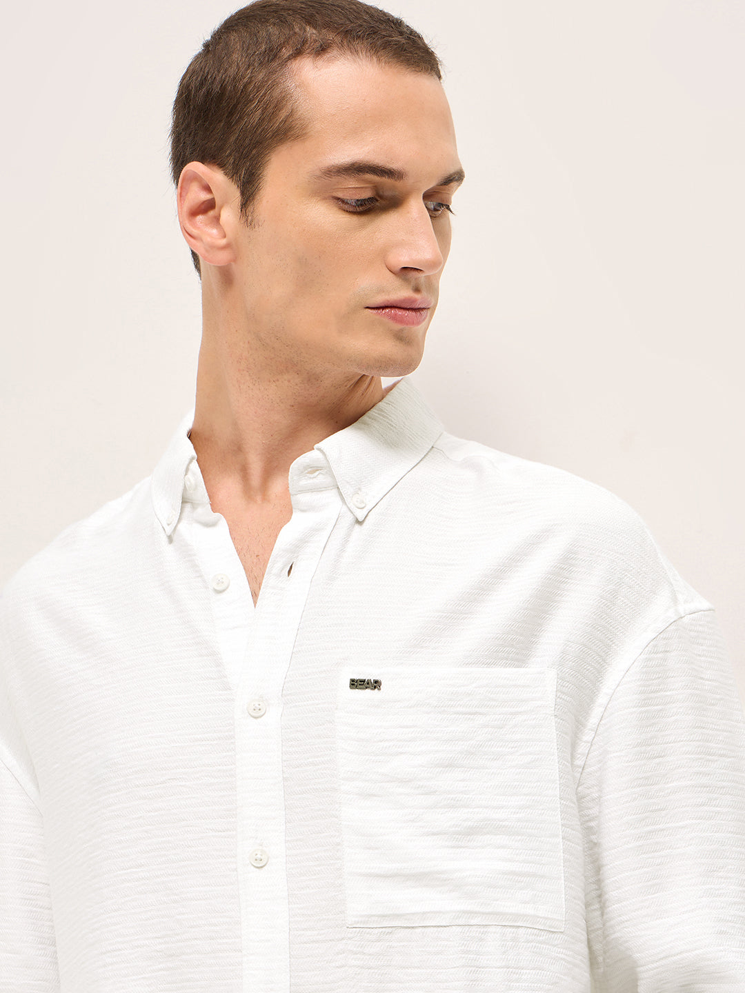 Men White Viscose Herringbone Design Relax Fit Casual shirt