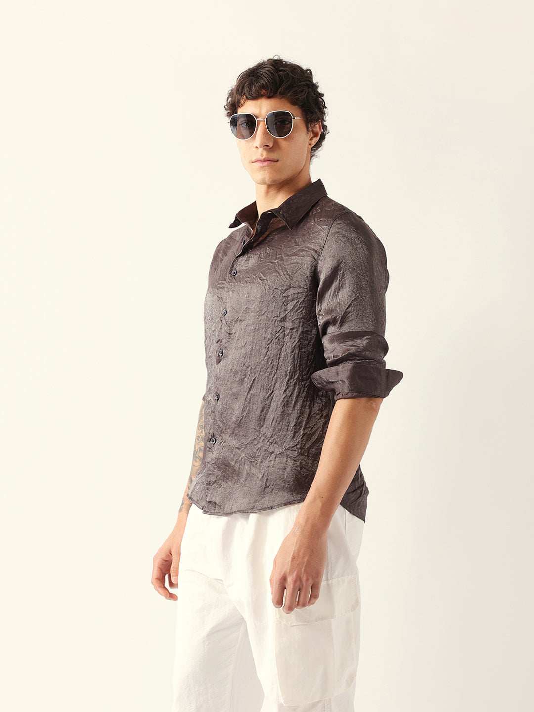 Men Grey Viscose Rayon Checked Shirt
